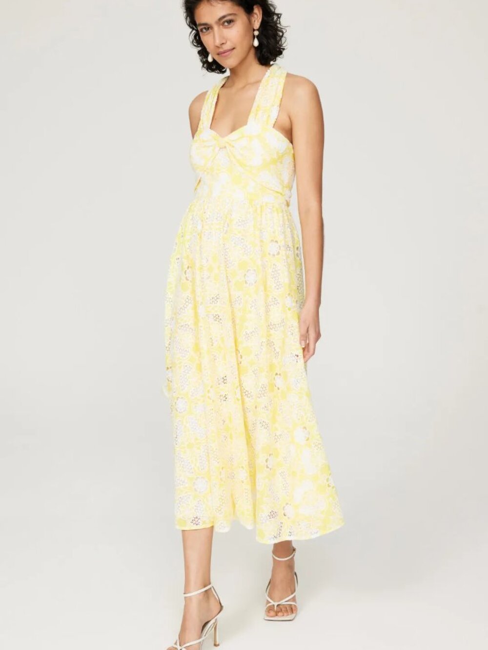 Badgley Mischka yellow bow lace dress Stunning midi halter fit & flare retro